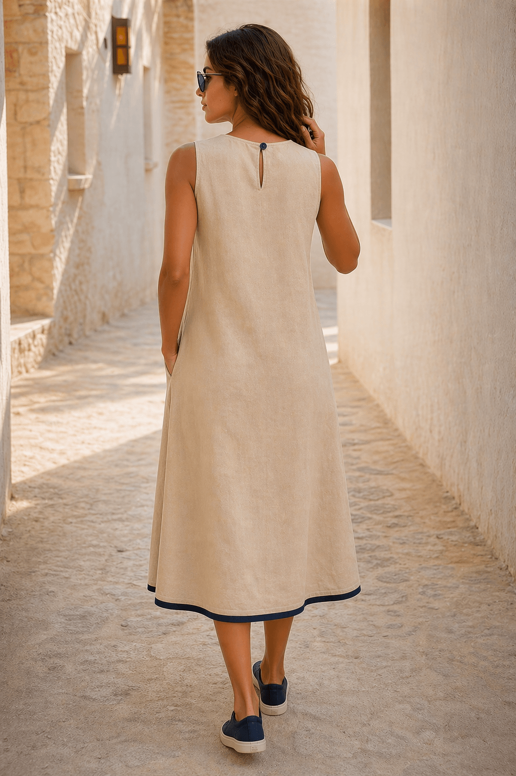 Naira  Cotton Linen A-Line Midi Dress in Warm Beige with Hand Embroidered Motifs