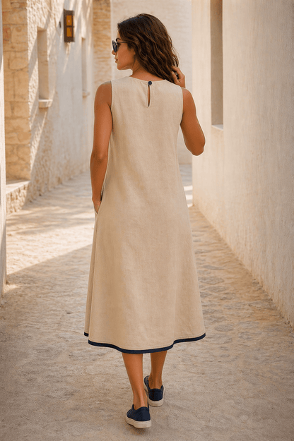 Naira  Cotton Linen A-Line Midi Dress in Warm Beige with Hand Embroidered Motifs