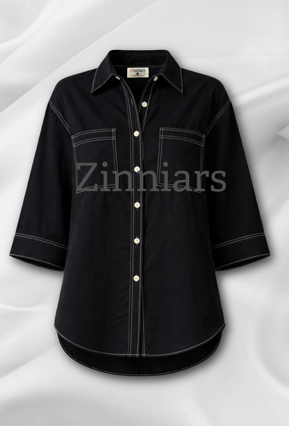 Meera | Black Cotton Twill Intentionally Relaxed Shirt for Women