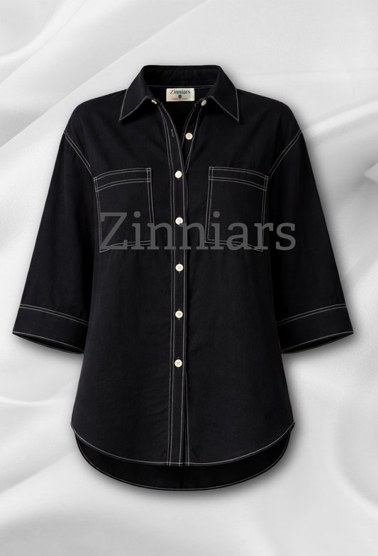 Meera | Black Cotton Twill Intentionally Relaxed Shirt for Women