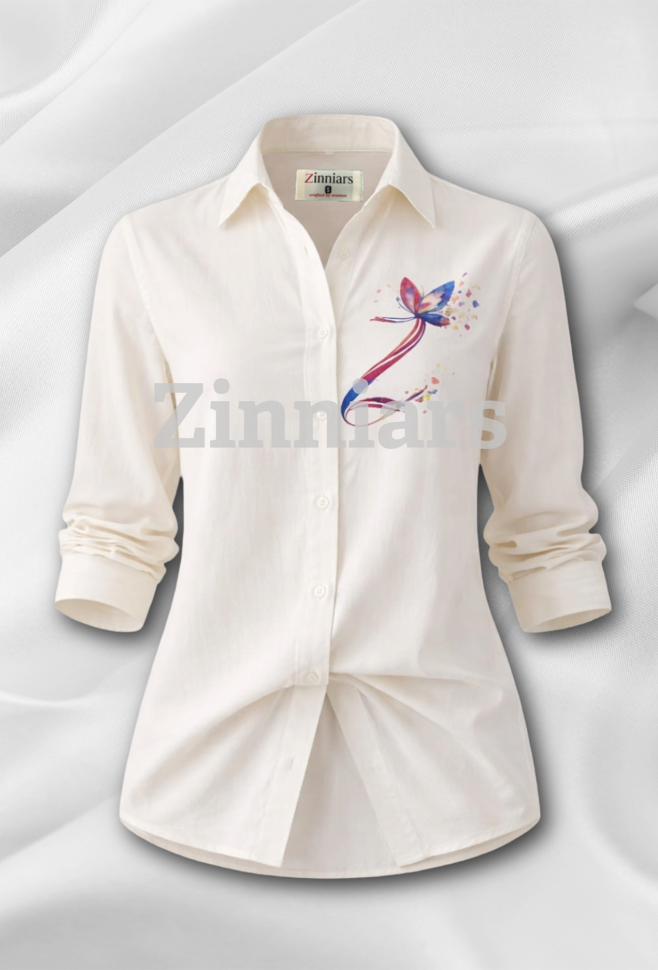 Zinni | Ivory Hand-Painted Relaxed-Fit Formal Shirt For Women