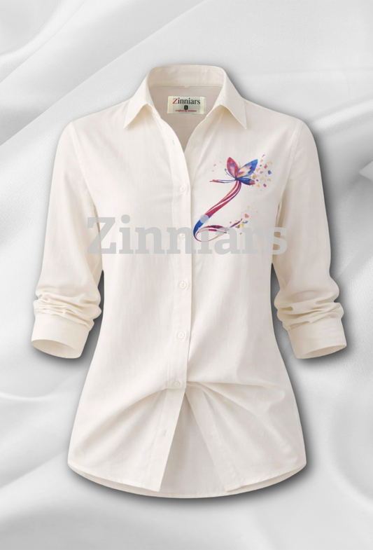 Zinni | Ivory Hand-Painted Relaxed-Fit Formal Shirt For Women