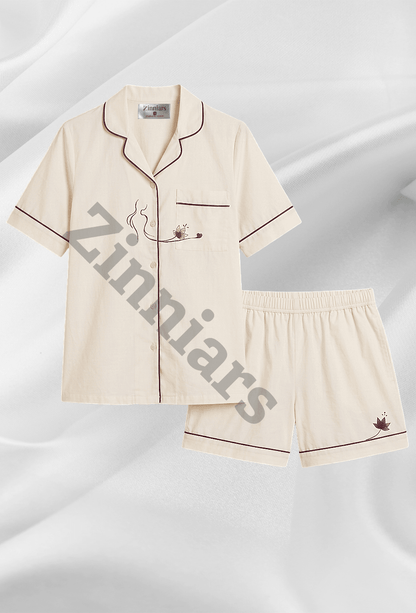 Mehar Love Cotton Satin Co-ord Set – Hand-Painted Shirt & Shorts in Ivory