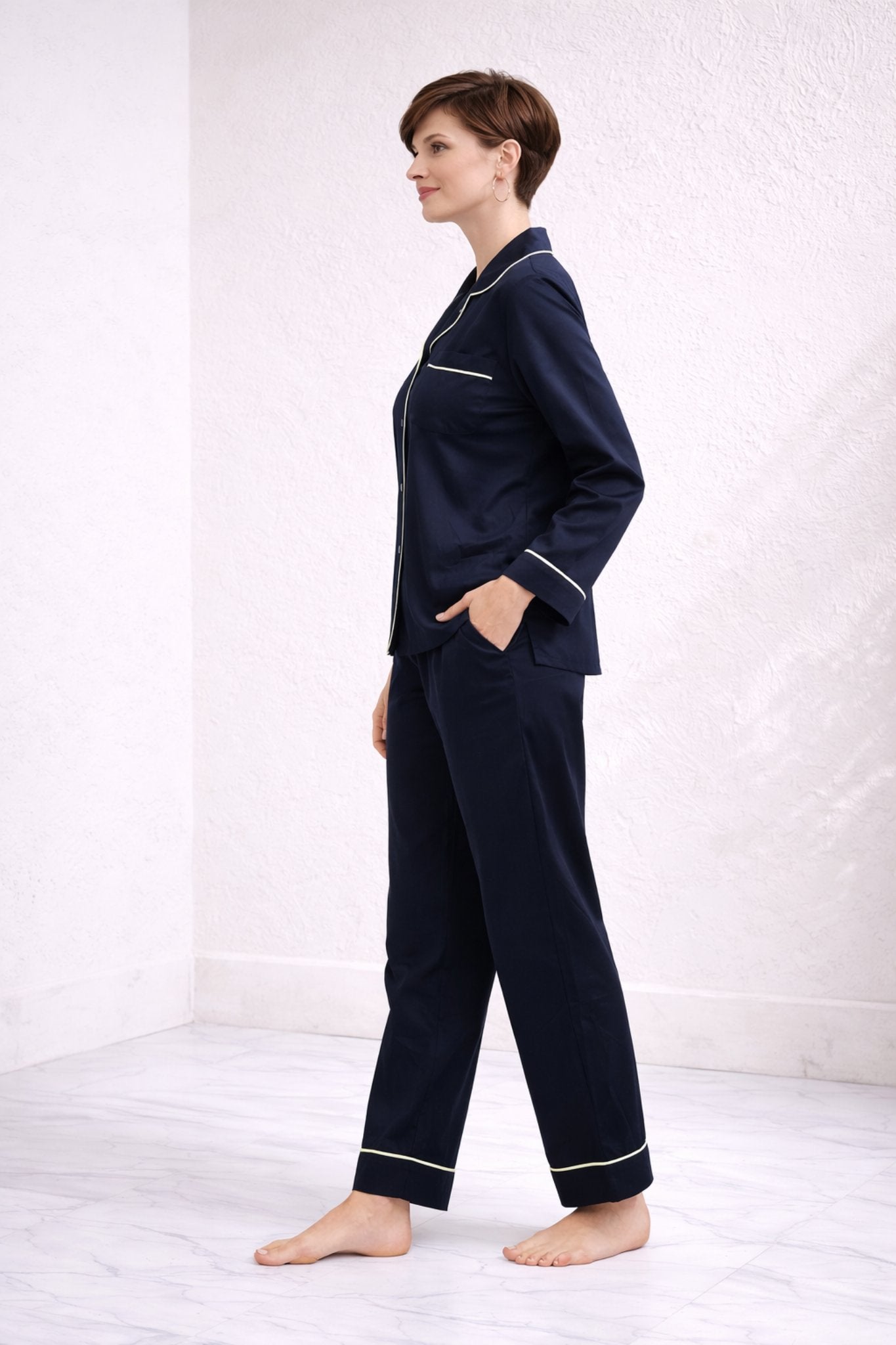 Zenith Navy Blue Hand-Painted Cotton Satin Boardroom-to-Bed Co-ord Set