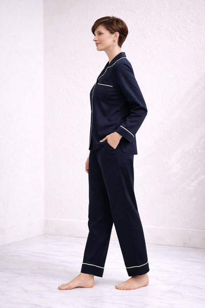 Zenith Navy Blue Hand-Painted Cotton Satin Boardroom-to-Bed Co-ord Set