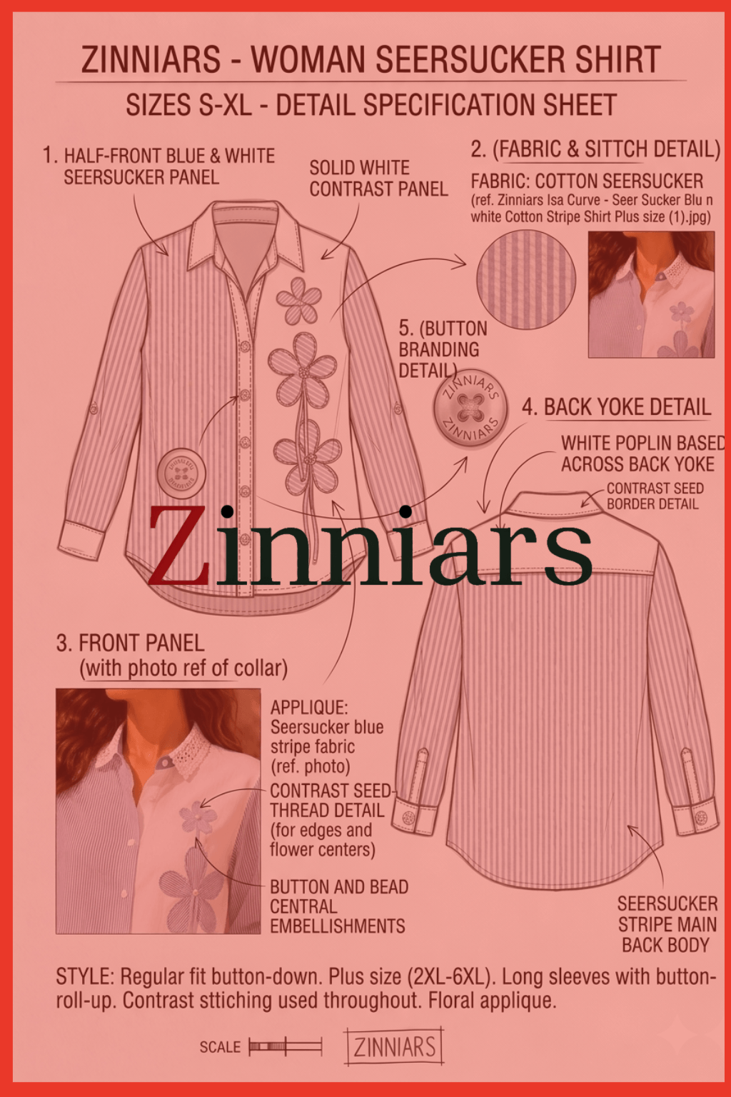 Tisca Floral Appliqué Cotton Blue Stripe Seersucker Shirt