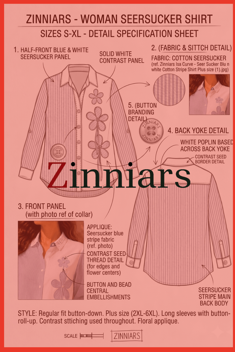 Tisca Floral Appliqué Cotton Blue Stripe Seersucker Shirt