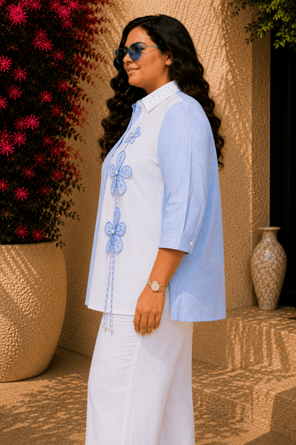 Tisca Curve Cotton Blue Stripe Seersucker Floral Appliqué Shirt