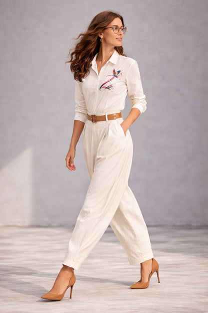 Casper Women Ivory Cotton Resort Set with Hand-Painted Motif High Waist Pants