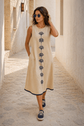 Naira  Cotton Linen A-Line Midi Dress in Warm Beige with Hand Embroidered Motifs