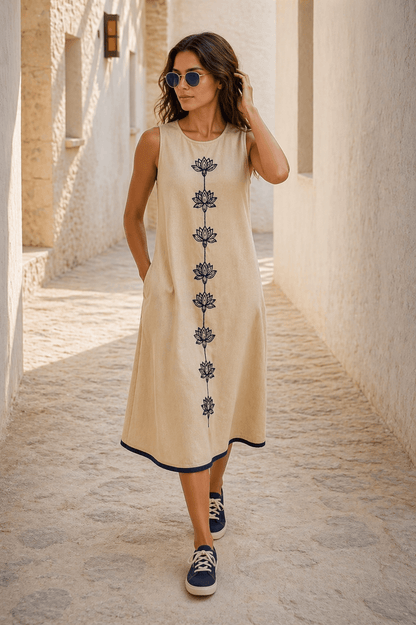 Naira  Cotton Linen A-Line Midi Dress in Warm Beige with Hand Embroidered Motifs
