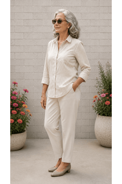 Lila | Almond Stripe Cotton Blend Regular-Fit Shirt For Women
