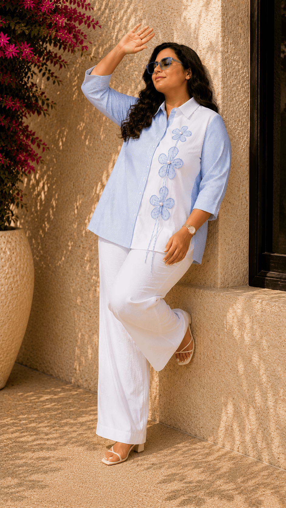 Tisca Curve Cotton Blue Stripe Seersucker Floral Appliqué Shirt