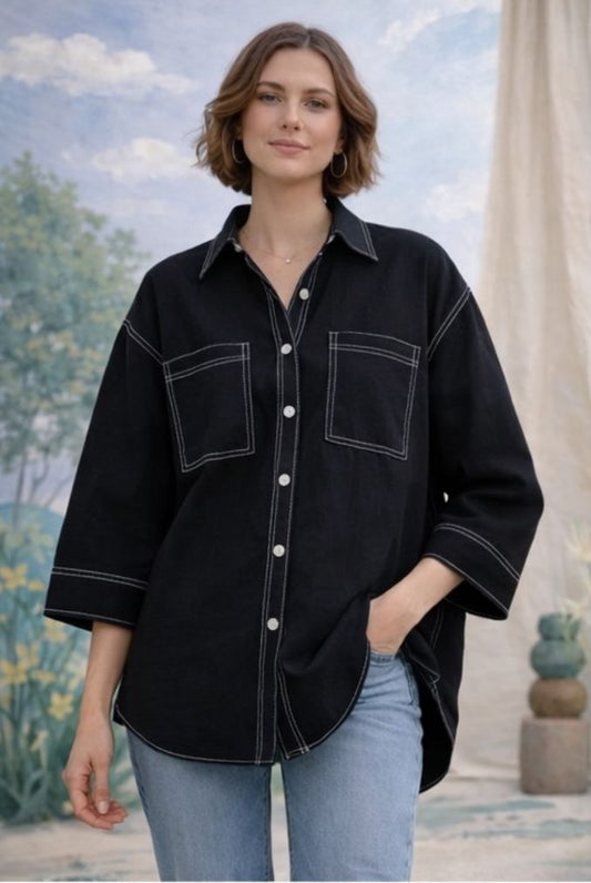 Meera | Black Cotton Twill Intentionally Relaxed Shirt for Women