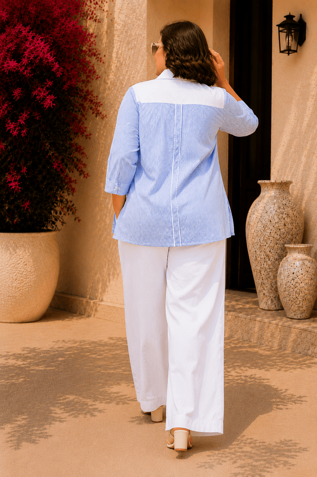Tisca Curve Seersucker Shirt with Riviera Curve White Wide Leg Pants Co-ord Set