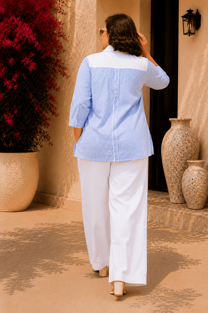 Tisca Curve Seersucker Shirt with Riviera Curve White Wide Leg Pants Co-ord Set