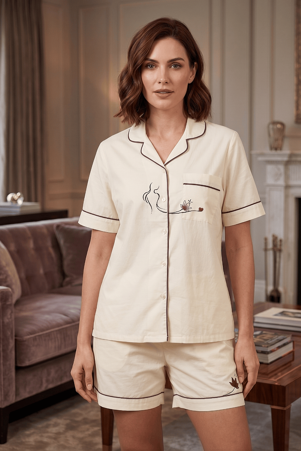 Mehar Love Cotton Satin Co-ord Set – Hand-Painted Shirt & Shorts in Ivory