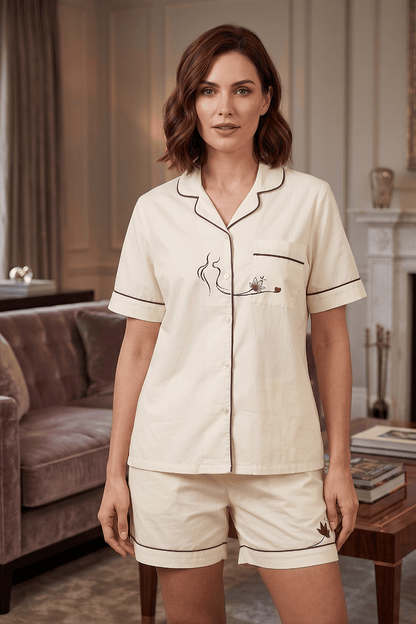 Mehar Love Cotton Satin Co-ord Set – Hand-Painted Shirt & Shorts in Ivory