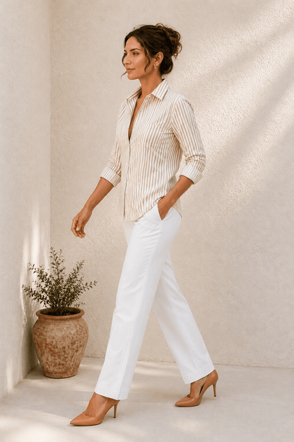 Lila | Almond Stripe Cotton Blend Regular-Fit Shirt For Women