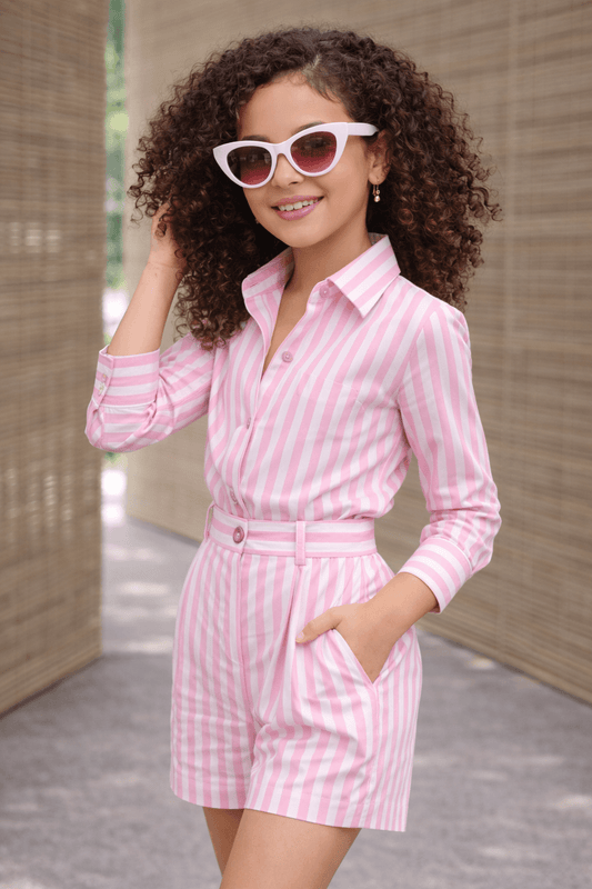 Zuri Mini Girls' Pink & White Striped Relaxed-Fit Shirt & Shorts Set