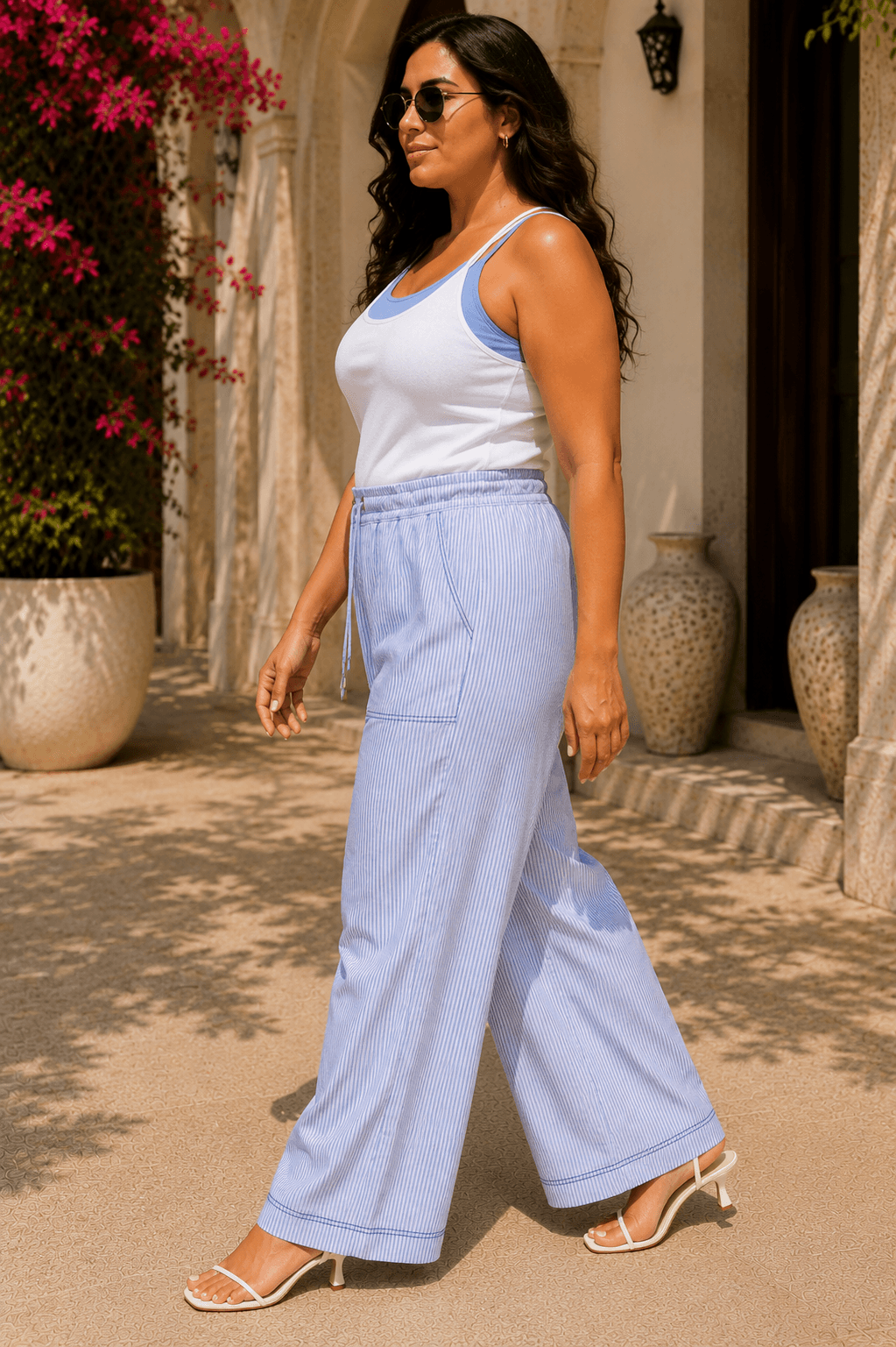 Riviera Curve Cotton Blend Blue Stripe Seersucker Wide-Leg Pajama Pants
