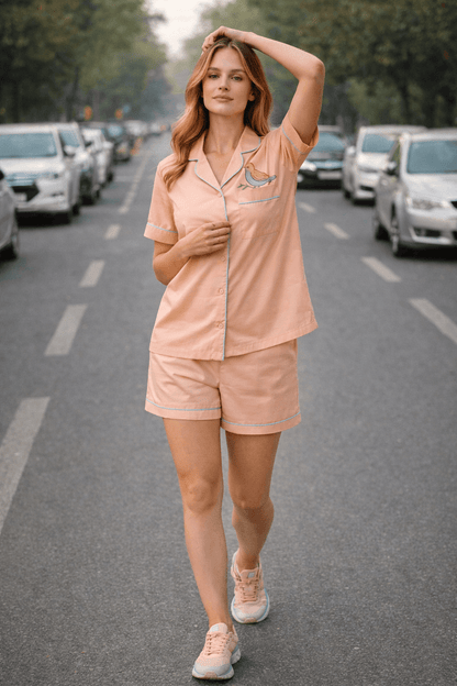 Mehar Birdie | Cotton Satin Co-ord Set – Hand-Painted Sparrow Shirt & Shorts in Peach
