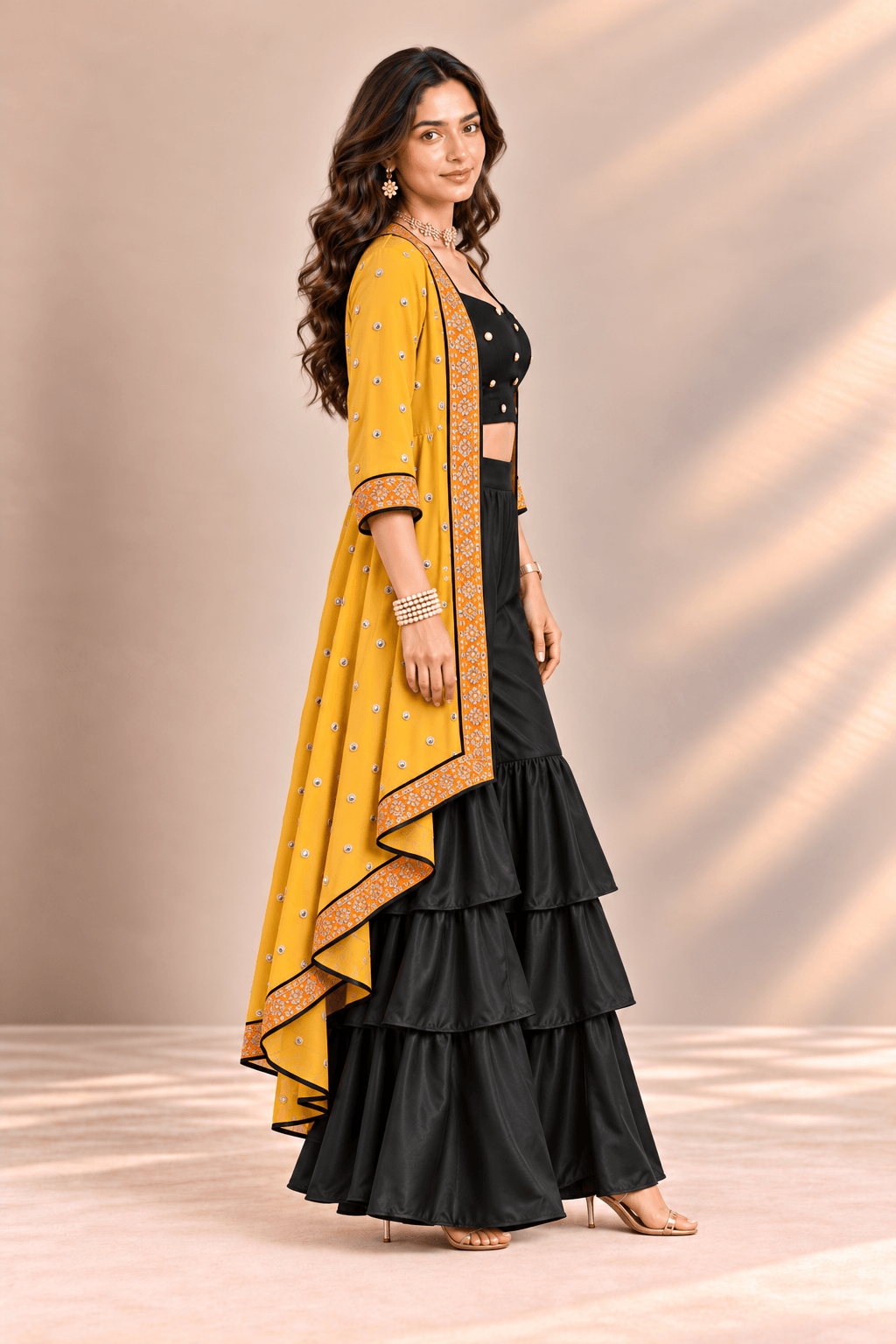 Sona Black Mustard Embroidered Cape Crop Top & Ruffle Palazzo 3 Pc Set | Zinniars