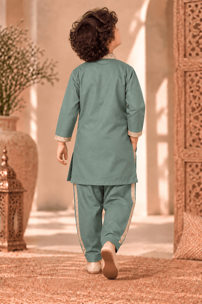 Mini Gaga Sporty Pathani Suit – Sage Green Unisex Festive Set for Kids (2–6 Years)