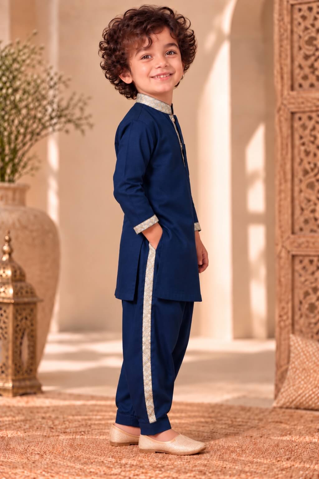 Mini Gaga Sporty Pathani Suit – Navy Blue Unisex Festive Set for Kids (2–6 Years)