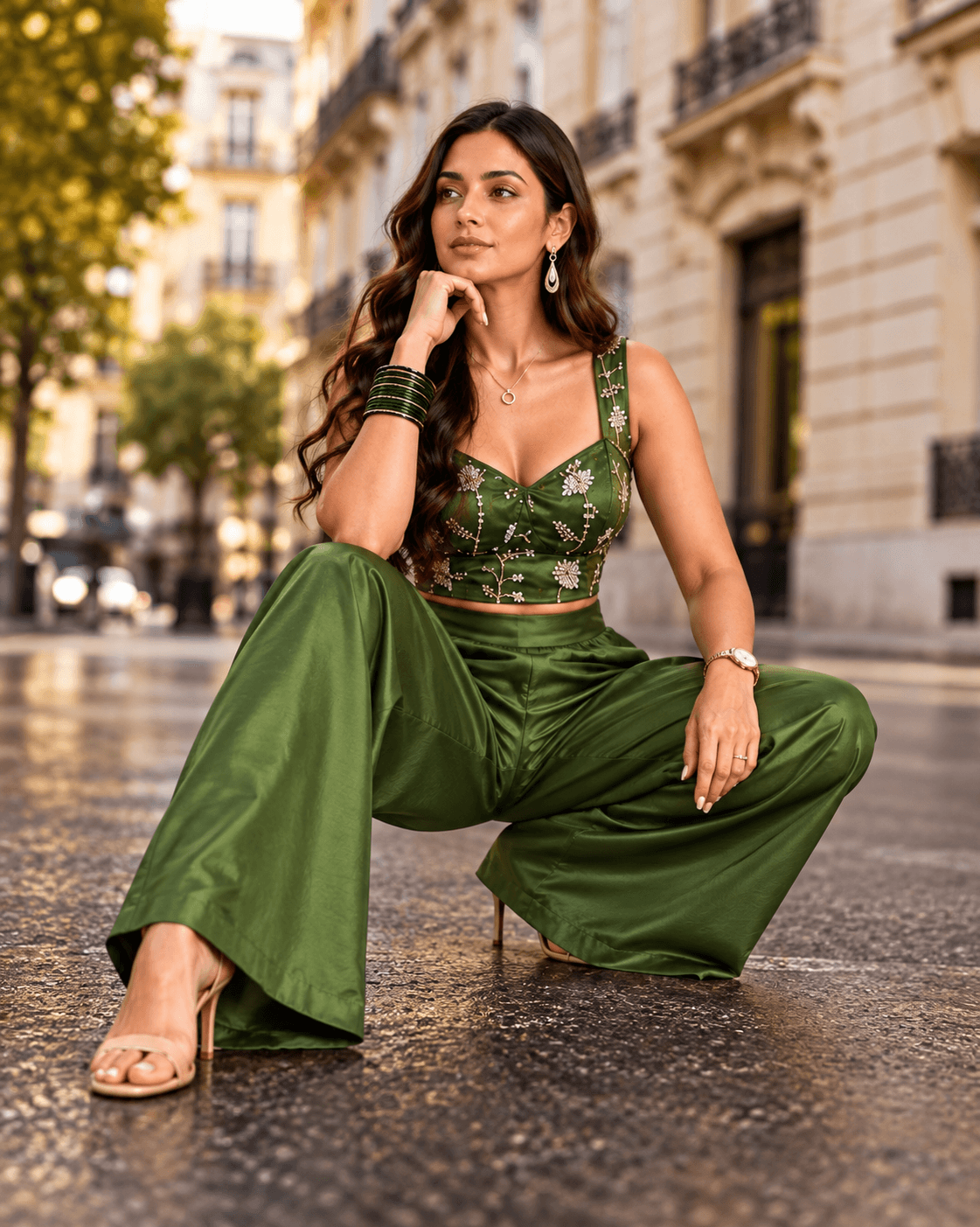Zinniars Rave’ Hand-Beaded Olive Bustier & Viscose Palazzo Set