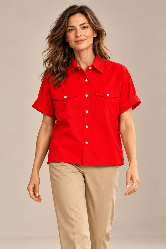 Katherine Red Cotton Poplin Utility Short Sleeve Shirt