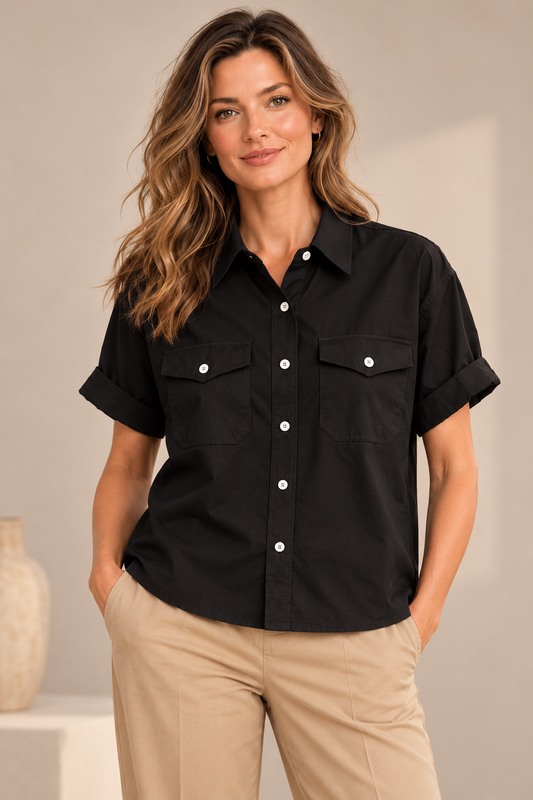 Katherine Black Cotton Poplin Utility Short Sleeve Shirt