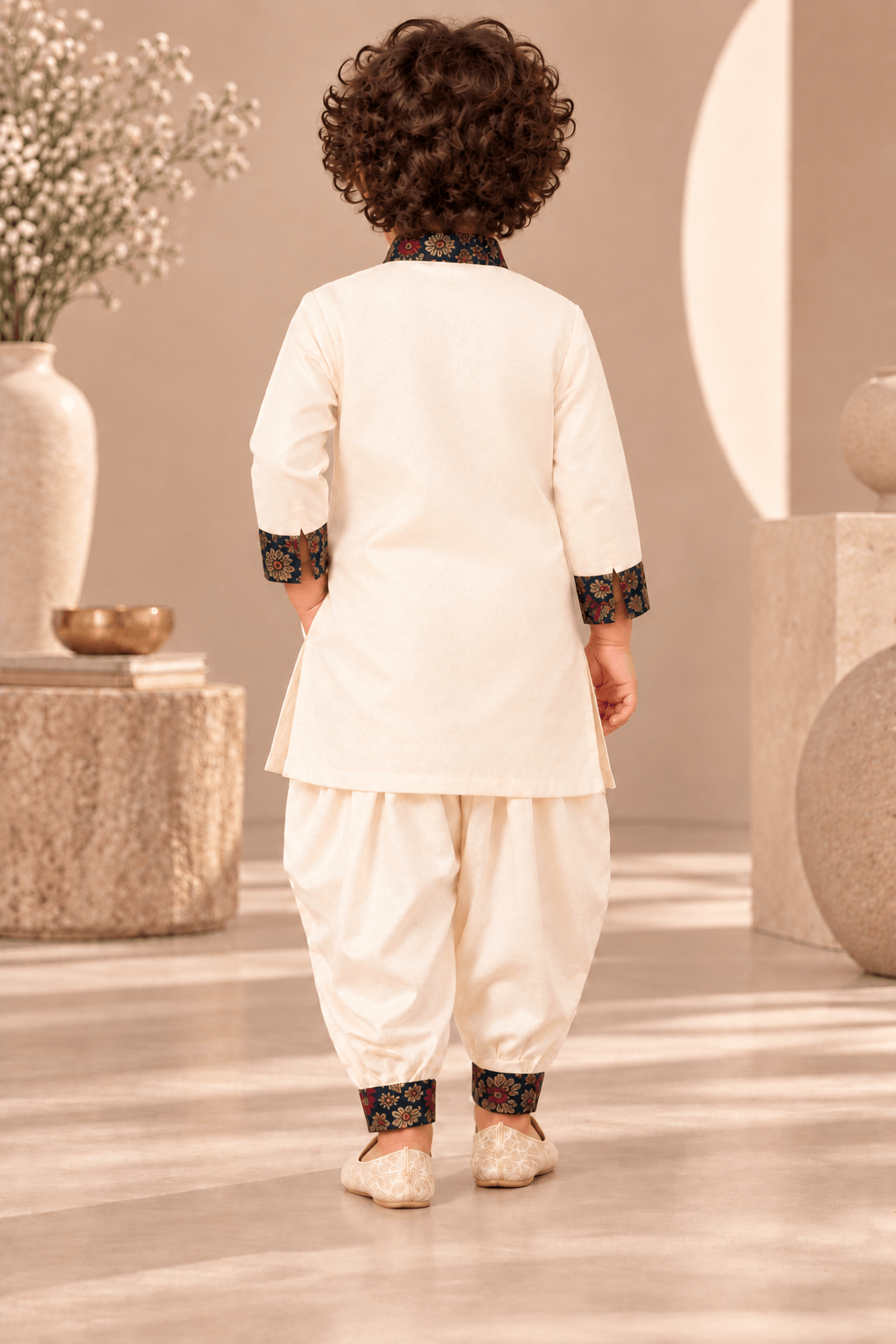 Zinniars Smarty Ivory & Navy Brocade Kurta Dhoti Set – Unisex Kids’ Festive Wear (2–6 Years)