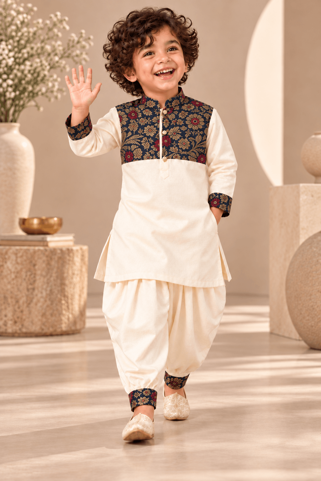 Zinniars Smarty Ivory & Navy Brocade Kurta Dhoti Set – Unisex Kids’ Festive Wear (2–6 Years)