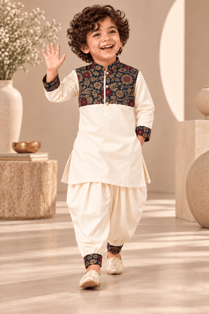 Zinniars Smarty Ivory & Navy Brocade Kurta Dhoti Set – Unisex Kids’ Festive Wear (2–6 Years)