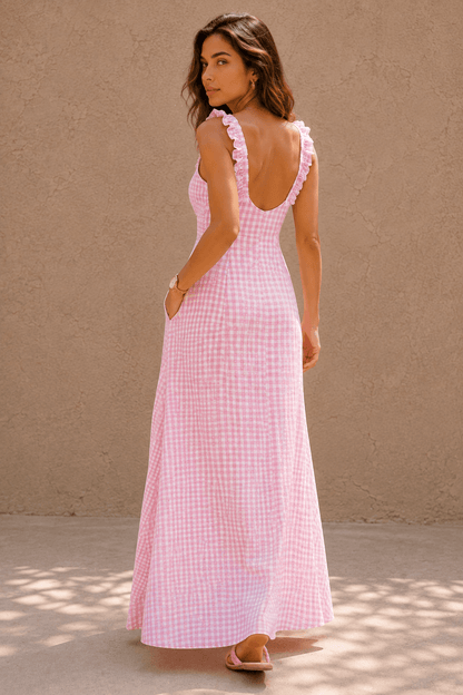 Lola Gingham Deep-V Ruffled Maxi Resort Dress – Soft Pink
