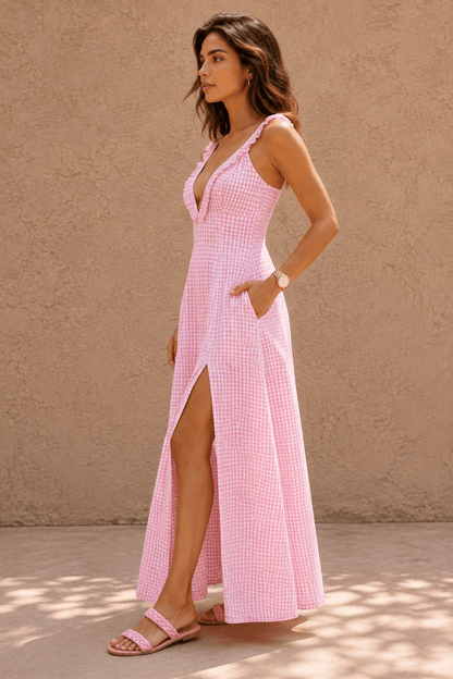 Lola Gingham Deep-V Ruffled Maxi Resort Dress – Soft Pink