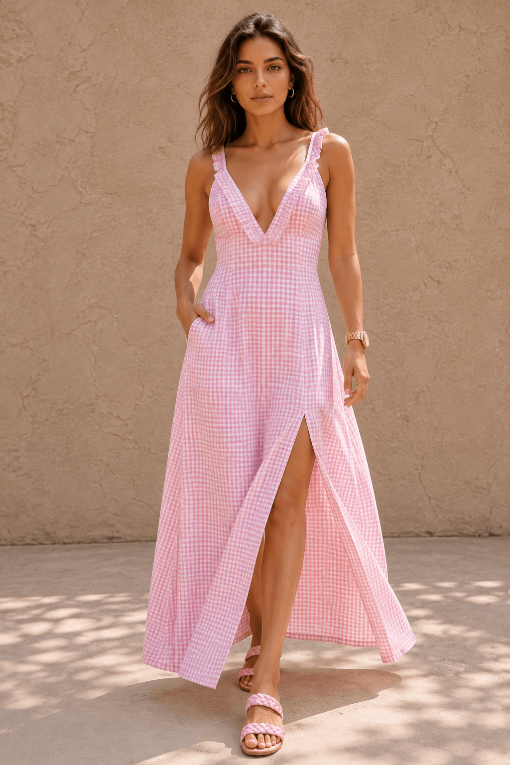 Lola Gingham Deep-V Ruffled Maxi Resort Dress – Soft Pink
