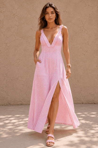 Lola Gingham Deep-V Ruffled Maxi Resort Dress – Soft Pink