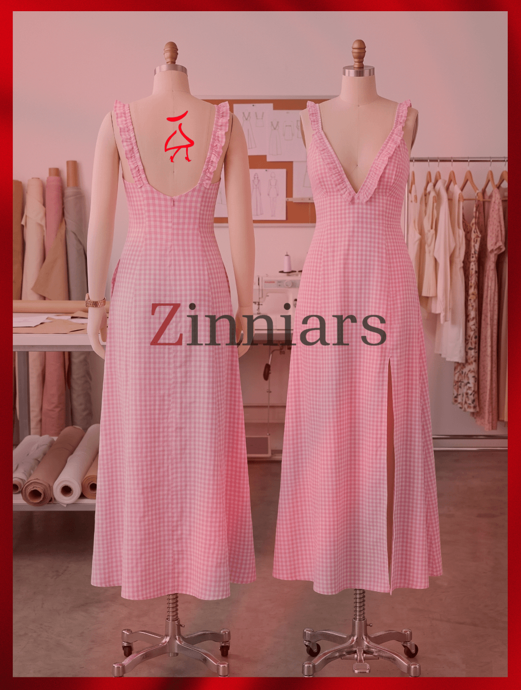 Lola Gingham Deep-V Ruffled Maxi Resort Dress – Soft Pink