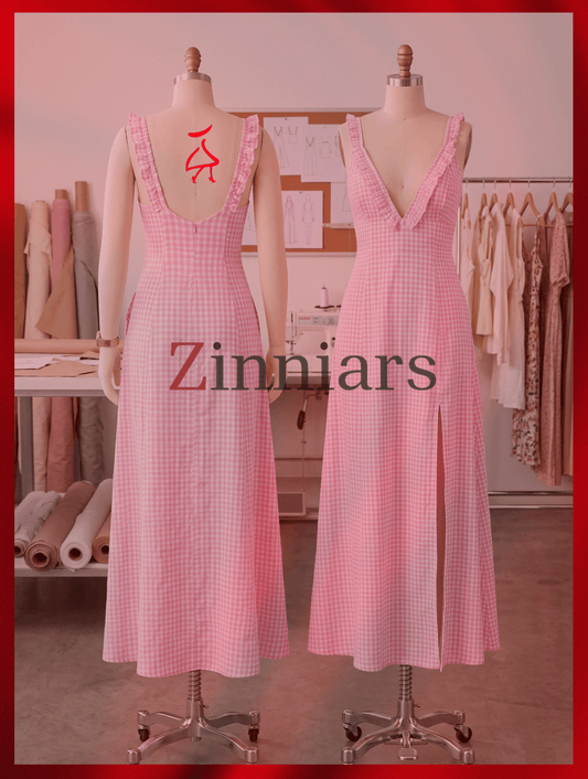 Lola Gingham Deep-V Ruffled Maxi Resort Dress – Soft Pink