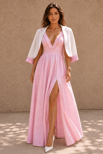 Maya White Cotton-Linen Cropped Jacket with Gingham Piping & Cuffs