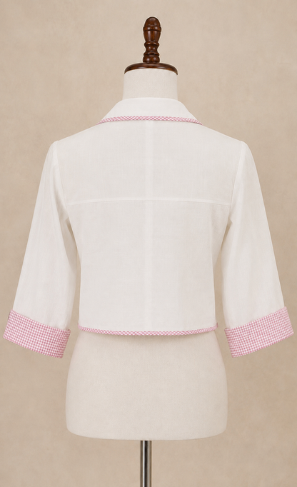 Maya White Cotton-Linen Cropped Jacket with Gingham Piping & Cuffs