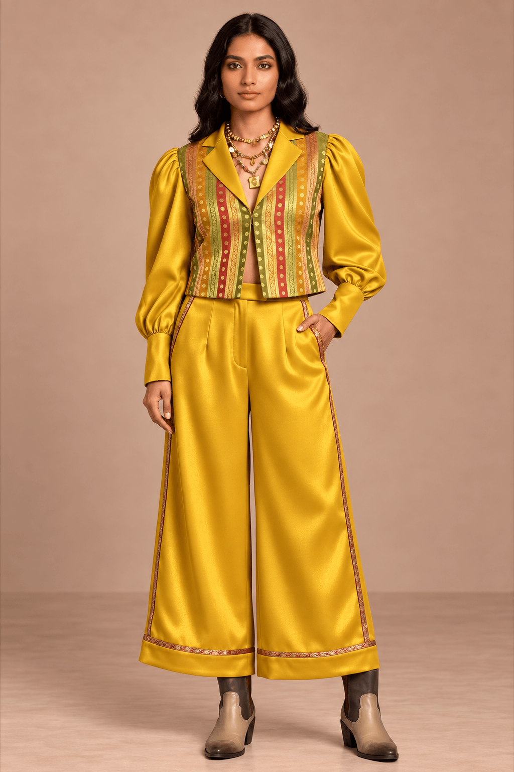 Nishi Brocade Gold Mustard Power Suit – Shacket & Wide Leg Pants | Zinniars