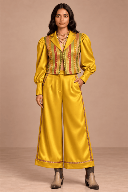 Nishi Brocade Gold Mustard Power Suit – Shacket & Wide Leg Pants | Zinniars
