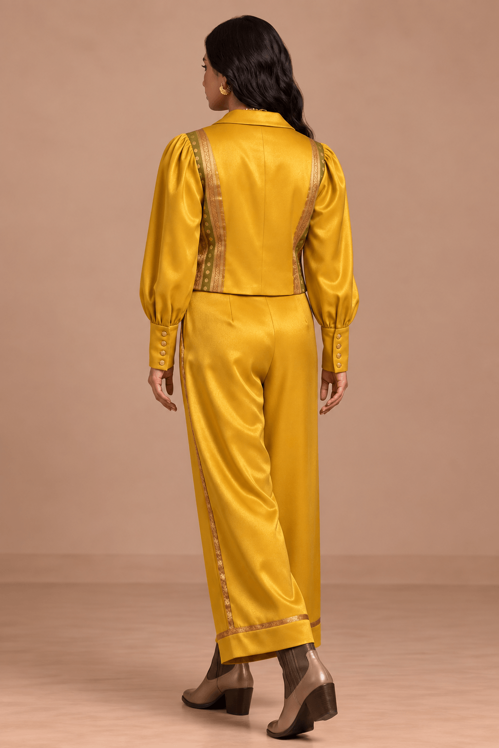 Nishi Brocade Gold Mustard Power Suit – Shacket & Wide Leg Pants | Zinniars