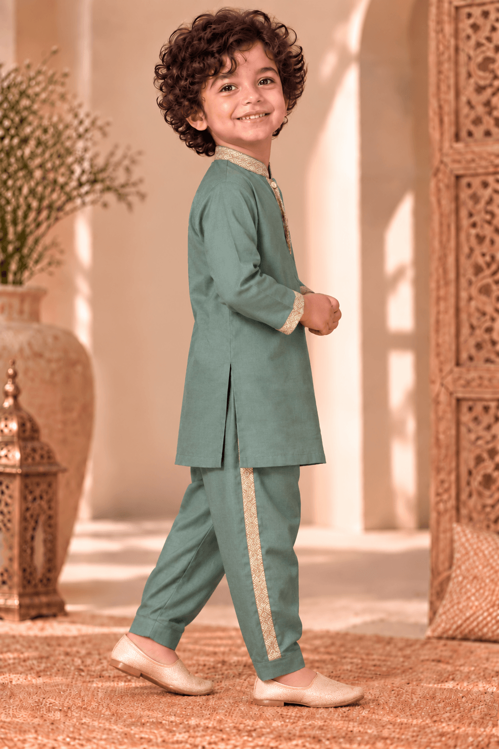 Mini Gaga Sporty Pathani Suit – Sage Green Unisex Festive Set for Kids (2–6 Years)