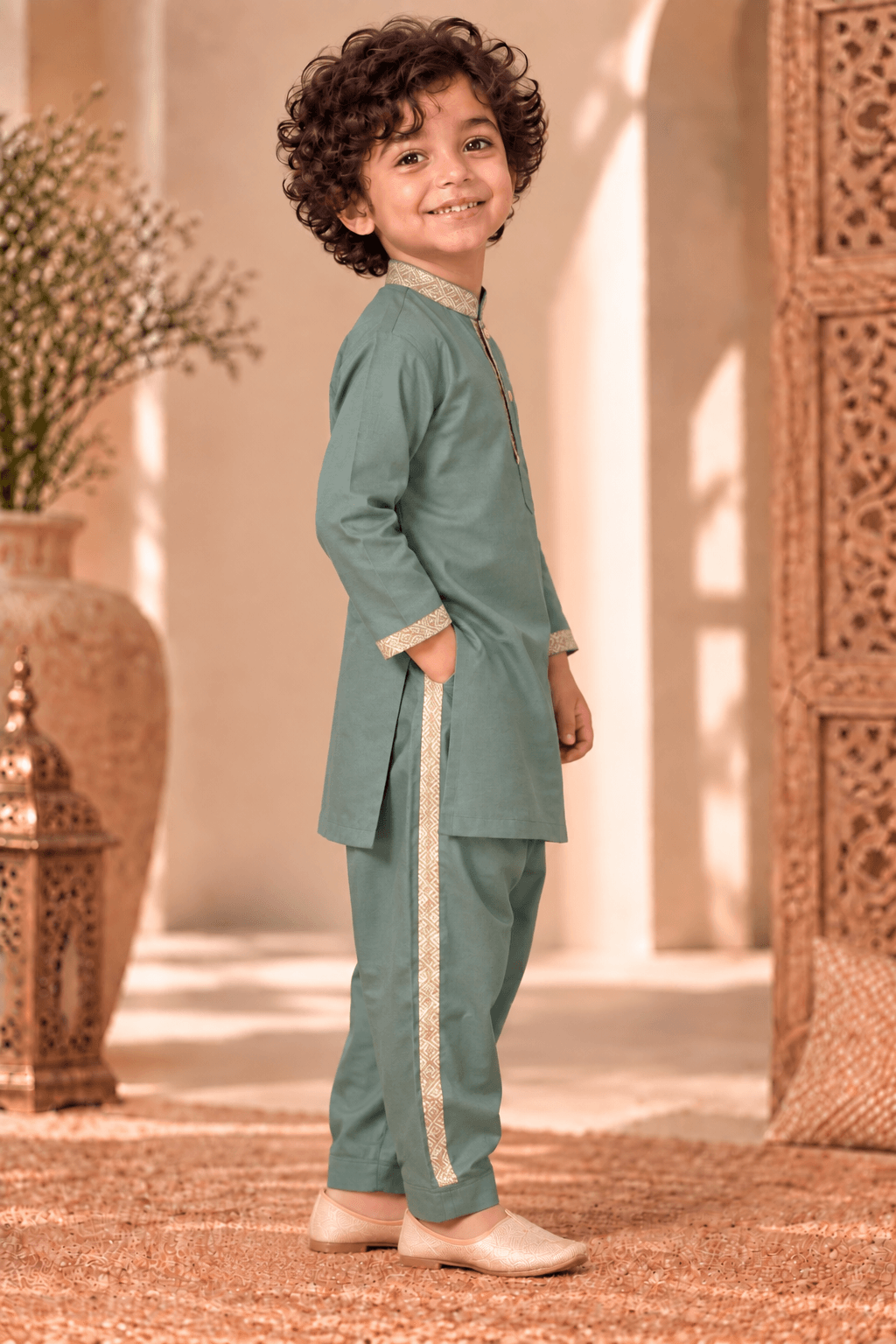 Mini Gaga Sporty Pathani Suit – Sage Green Unisex Festive Set for Kids (2–6 Years)