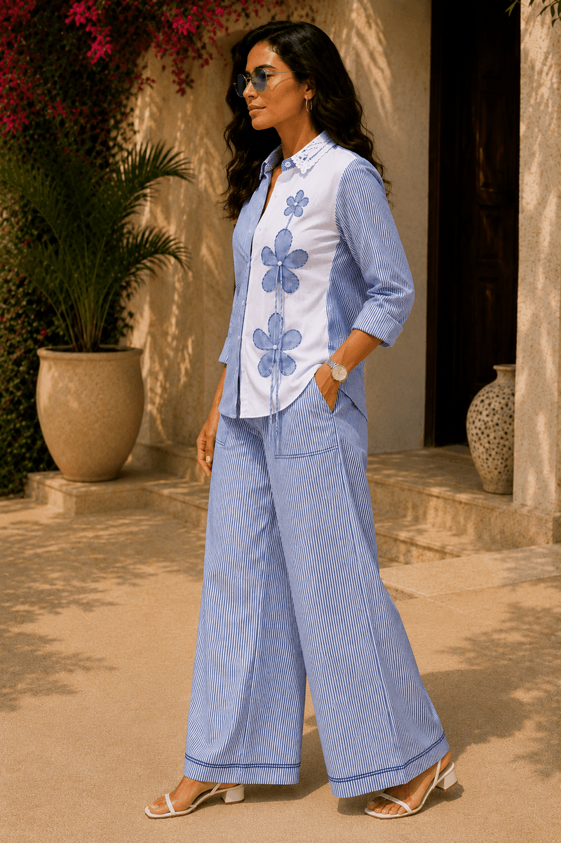 Tisca Seersucker Shirt with Riviera  Seersucker Wide Leg Pants Co-ord Set