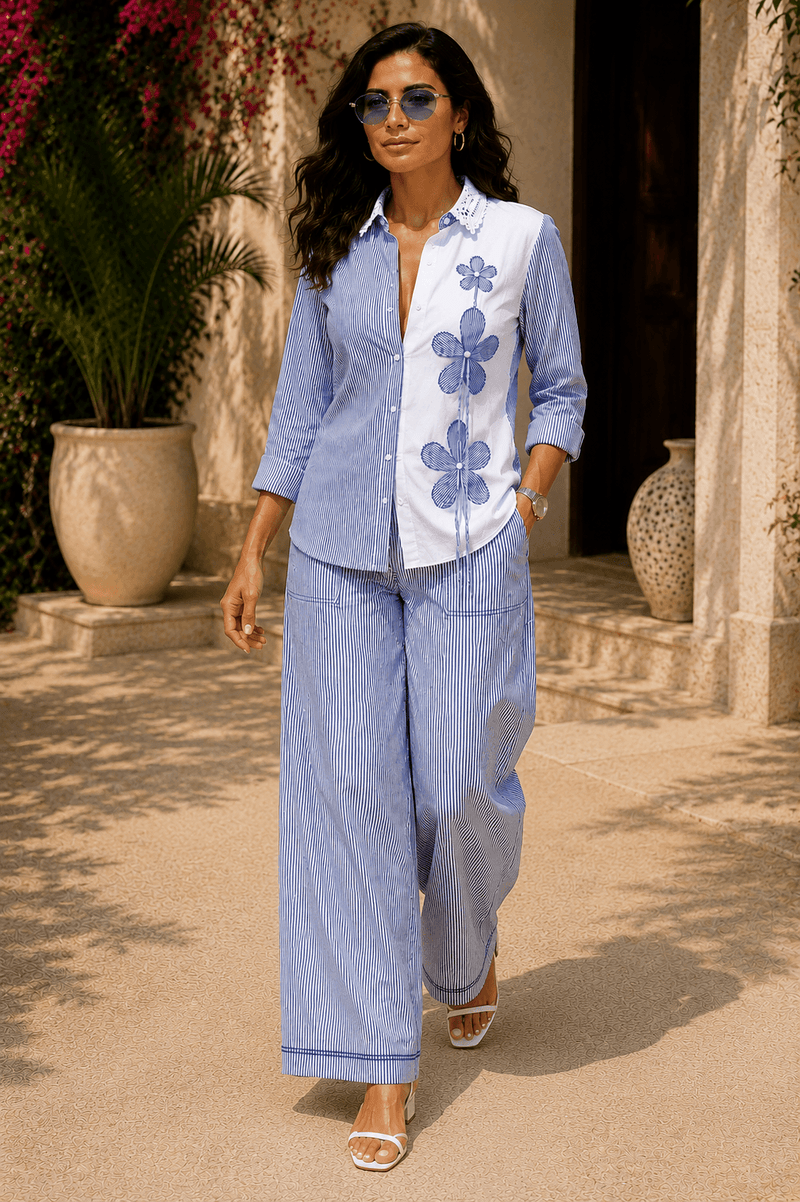 Tisca Seersucker Shirt with Riviera  Seersucker Wide Leg Pants Co-ord Set